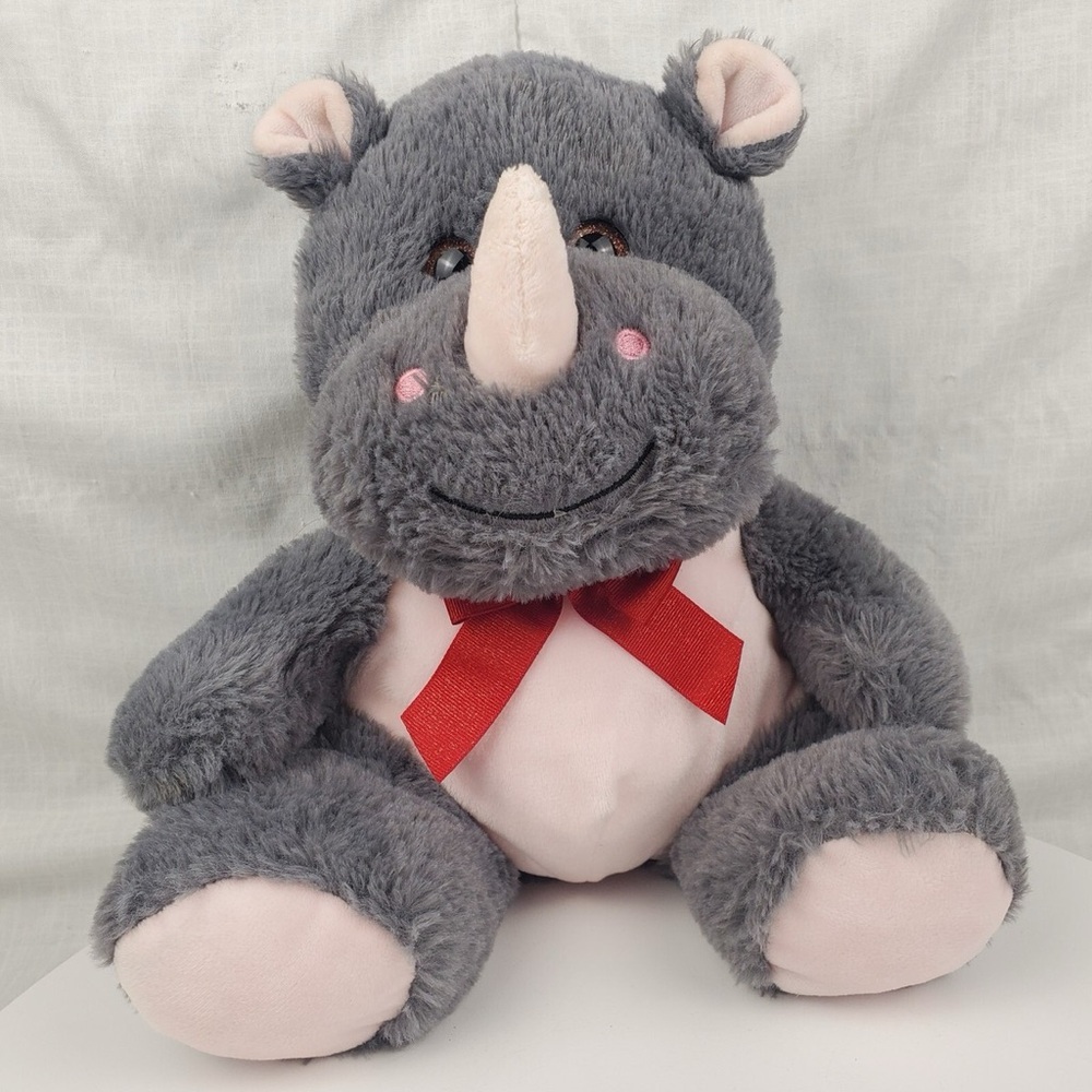 🚨 5 for $25 NWOT Gray and Pink Plush Rhino with Red Bow